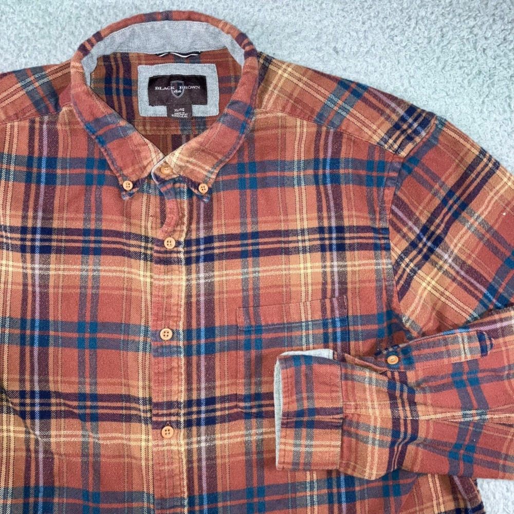 Black Brown 1826 Flannel Shirt Men XL Orange Brown Plaid L/S Outdoor Grunge Work